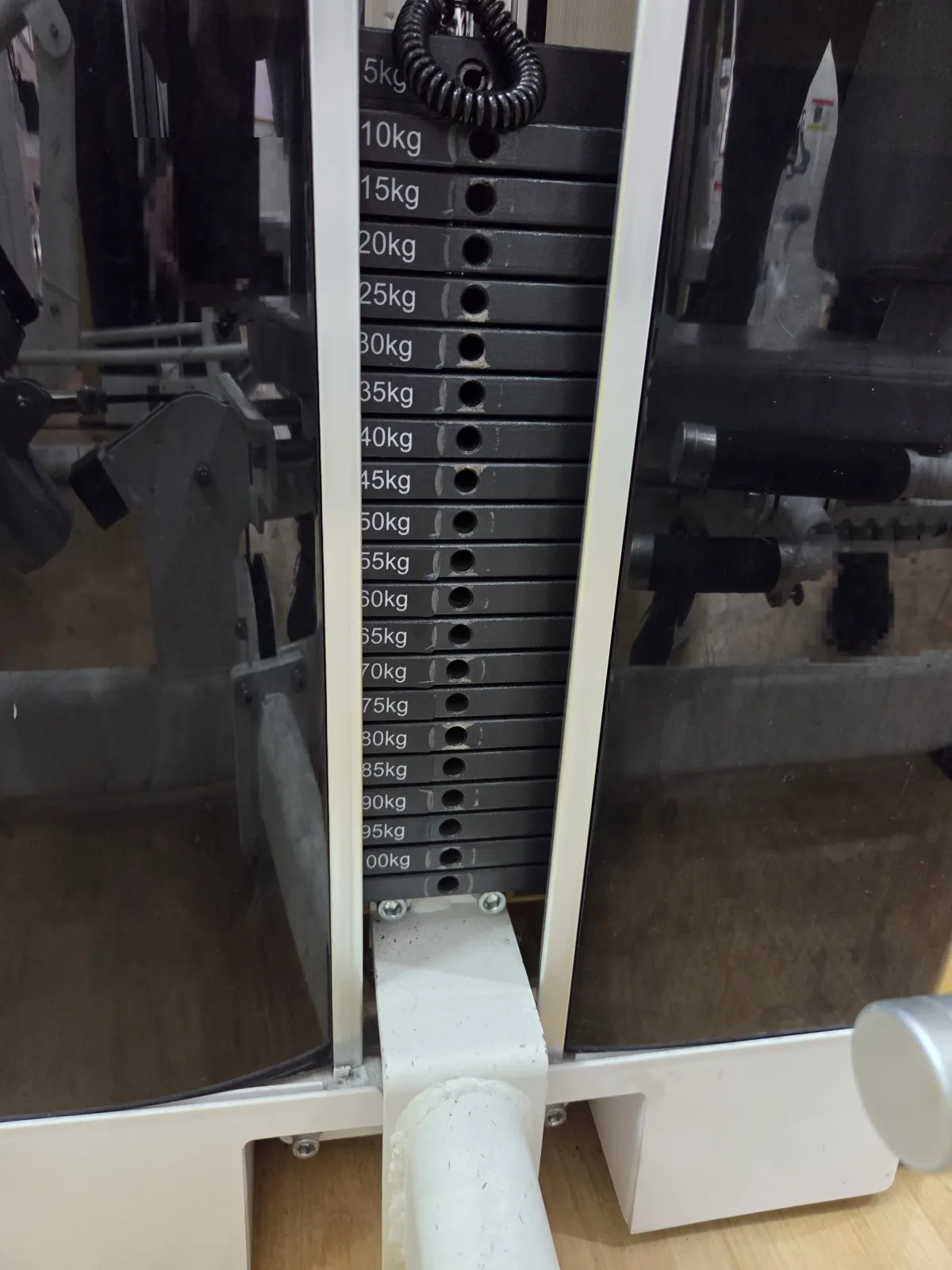 chocoZAPのレッグプレスのウェイトスタック。5kgから100kgまで5kg刻みで表示されている