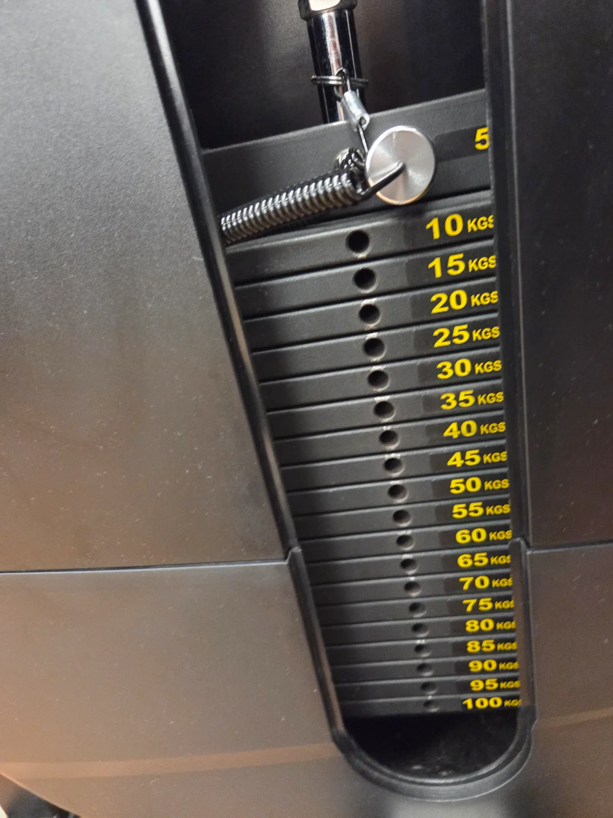 FIT PLACE24のチェストプレスのウェイトスタック。5kgから100kgまで5kg刻みで表示されている